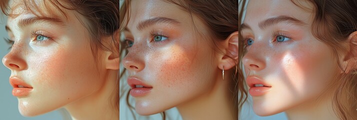 Obraz premium Portrait of a young woman with glowing skin and natural makeup showcasing different expressions under soft lighting indoors