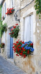 Naklejka premium A window box filled with blue agapanthus and red geraniums adorns the stone wall of an old French country cottage