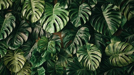 A feature wall covered in a bold, tropical monstera leaf pattern, adding vibrant greenery to the room