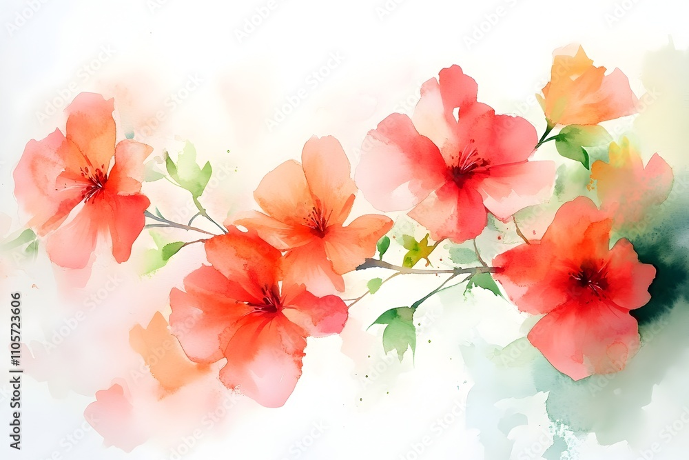 Poster delicate watercolor floral blooms in an composition with soft pastel toned washes blending seamlessl