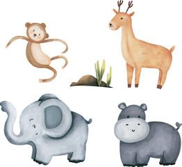 Watercolor safari animals for invitation card, nursery poster. Jungle, tropical illustration for nursery wallpaper, set of cute animals in watercolor style. african wild animal isolated