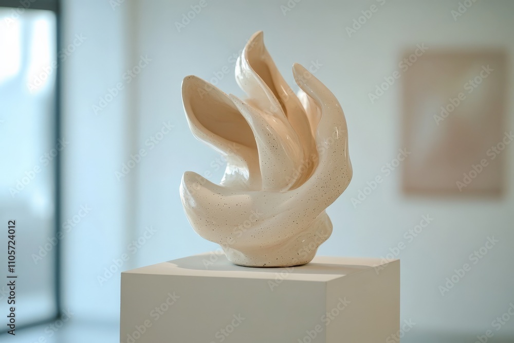 Aufkleber A sophisticated ceramic sculpture with elegant curves and a glossy finish is beautifully displayed on a pedestal in a modern art gallery setting.