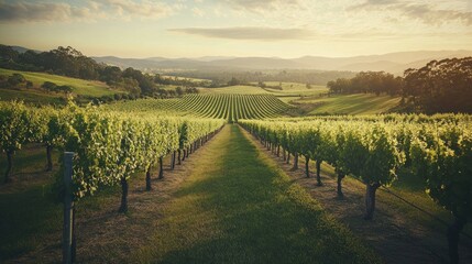 Naklejka premium Serene Vineyard Landscape at Golden Hour with Lush Green Rows and Rolling Hills Under Soft Cloudy Sky