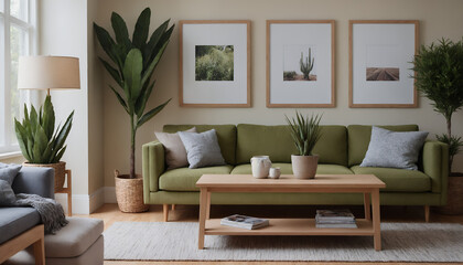 A modern living room with a sofa against an off-white colour wall featuring poster frames in wooden frame borders 3d illustration template. Empty frame mock-up template.