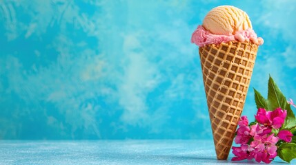 Colorful Ice Cream Cone on Vibrant Blue Background with Copy Space