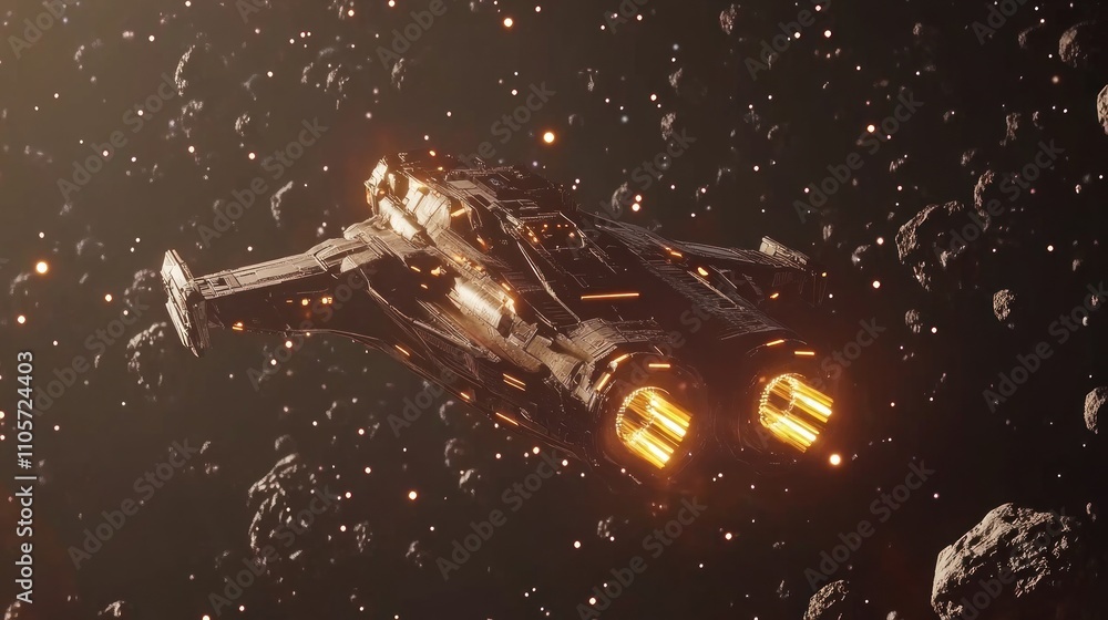Poster futuristic spacecraft navigating through asteroid field in deep space, showcasing advanced design an