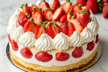 A beautifully crafted strawberry shortcake adorned with fresh strawberries and a generous topping of whipped cream, perfect for any special occasion or dessert lover.