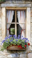 A window box filled with blue agapanthus and red geraniums adorns the stone wall of an old French country cottage