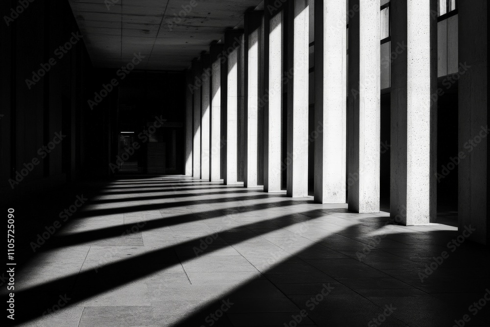 Poster a black and white photograph captures a series of concrete pillars casting long shadows across the f