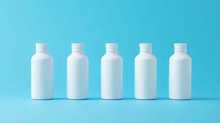 Five White Bottles Arranged In A Row On Blue Background