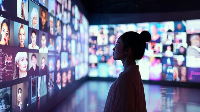 Woman Explores Diverse Faces on Interactive Digital Wall: A Look into Social Media, Connection, and Modern Technology