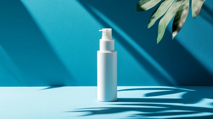 White Pump Bottle Against Teal Background With Leaf Shadows