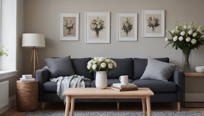 Naklejka premium A modern living room with a grey sofa against an off-white colour wall featuring poster frames in wooden frame borders 3d illustration template. Empty frame mock-up template.