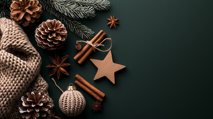 Christmas flat lay with cinnamon sticks, wooden star and frosted pinecones, cozy knitted scarf, green holiday background, festive season, copy space