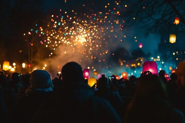 Gathered outside at night, a crowd immersed in the dazzling fireworks and glowing lanterns captures the magical scene on their smartphones, experiencing collective awe and joy.