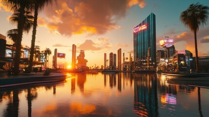 Obraz premium Vibrant Sunset Over City Skyline with Reflections in Water and Palm Trees in the Foreground, Capturing the Essence of Urban Beauty and Tranquility at Dusk