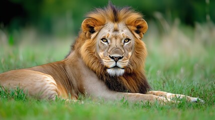 Fototapeta premium Majestic lion resting on green grass in a serene landscape during the golden hour