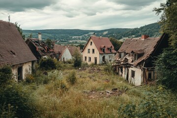 Fototapeta premium An abandoned village with deteriorating houses is engulfed by lush, overgrown greenery under a cloudy sky, creating a scene of neglect and nature's reclamation.