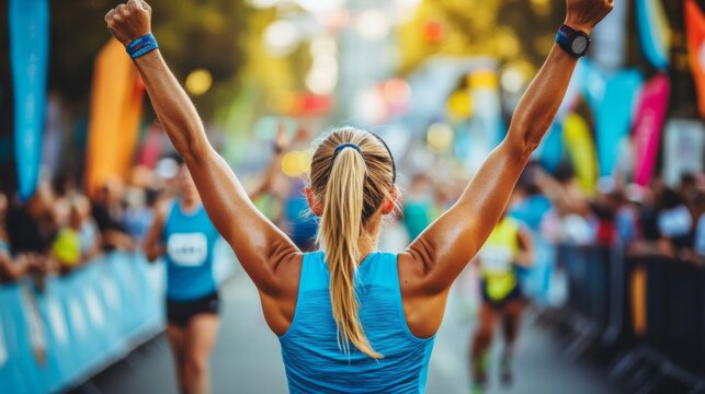 Triumphant Marathon Runner Crossing Finish Line with Determination and Victory in Expressive Facial Expression