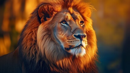 Fototapeta premium A majestic lion with a flowing mane gazes thoughtfully in the golden light of evening, highlighting its regal presence in the savannah