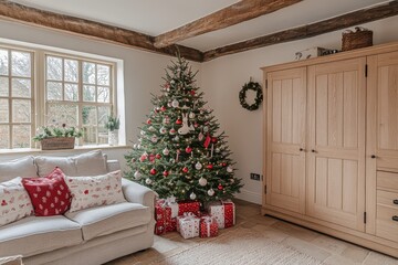 Fototapeta premium Cozy English home interior with a decorated Christmas tree in white and red, presents under the tree, a large wooden wardrobe, and modern kitchen cabinets.