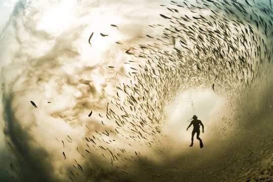 A lone scuba diver explores a swirling vortex of fish in an open underwater environment, with light filtering through the swirling water creating awe and wonder. - Powered by Adobe