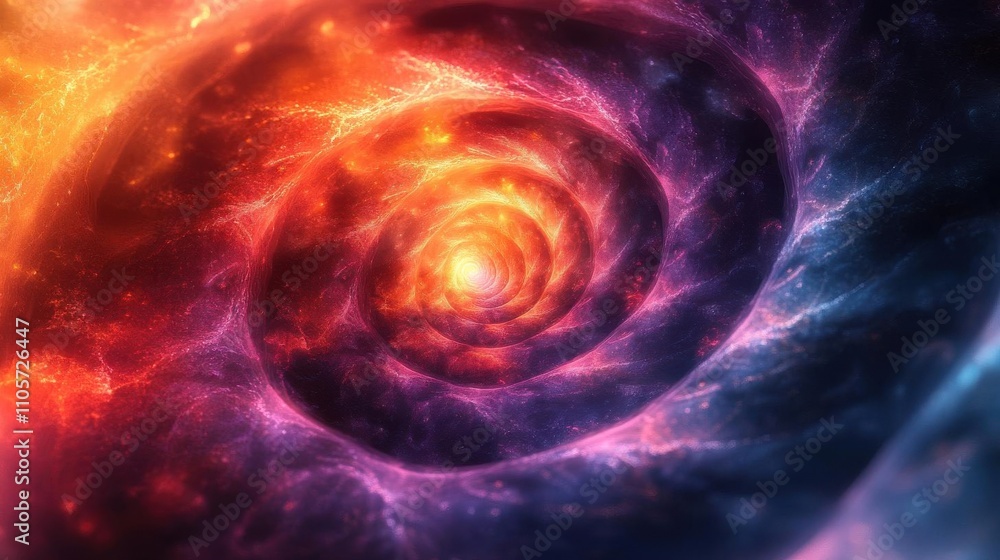 Poster radiant fractal spirals with dynamic glowing pathways, soft shadow effects, and vibrant color gradie