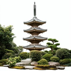 Fototapeta premium Multi-tiered pagoda, stone steps, lush garden.