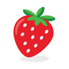 Obraz premium A red strawberry with green leaves and white dots. The strawberry is the main focus of the image