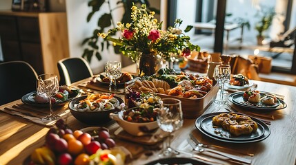 A modern dining table with an assortment of international dishes, including sushi, dumplings, and fresh fruits, prepared for a gathering 
