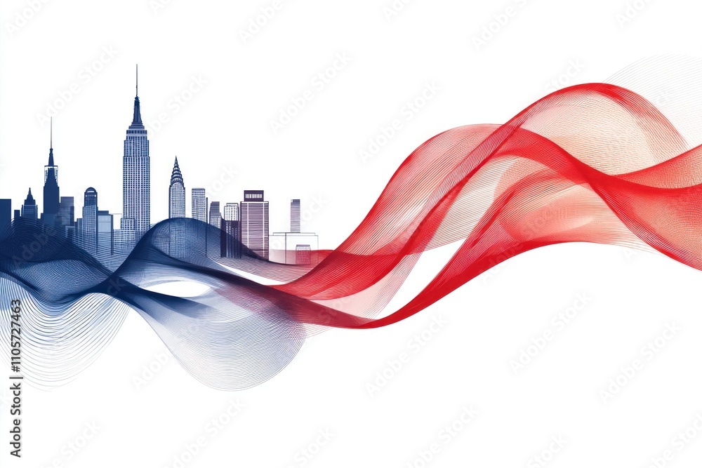 Poster dynamic waves of color representing unity new york city skyline abstract art urban environment artis