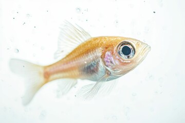 Fototapeta premium Pale orange fish swims, bubbles float.