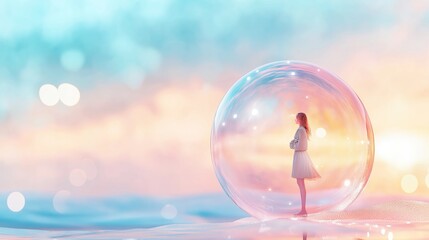 Representation of isolation, protection, personal boundaries and space, creativity. A surreal image of a young woman standing inside a glowing, iridescent bubble against a soft pastel landscape.