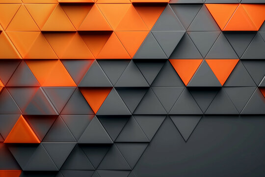 An abstract geometric pattern featuring a three-dimensional arrangement of orange and gray triangular shapes with sharp textures and shadows