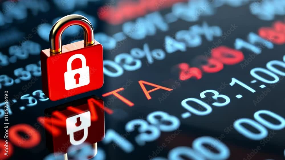 Poster a close-up of a red padlock on a digital background, symbolizing cybersecurity and data protection i