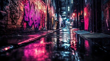 Naklejka premium Urban Alleyway at Night Reflecting Colorful Graffiti and Wet Streets with Neon Lights Illuminating the Darkened Environment in a Cityscape