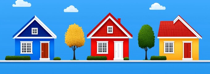 Fototapeta premium A cartoon depiction of a modern suburban neighborhood with cottages, where a countryside house stands on a tree-lined street with yards, contrasted by the silhouette of city high-rises.