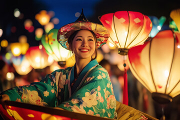Young asian woman with Chinese lanterns, Chinese new year