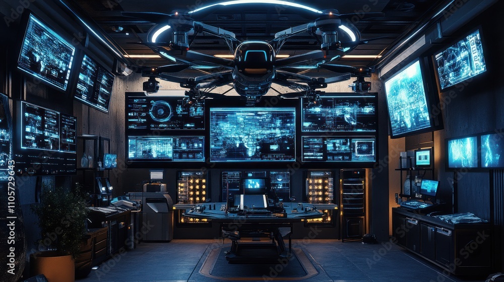 Poster futuristic control room with high-tech monitors and advanced drone in a modern design environment fo