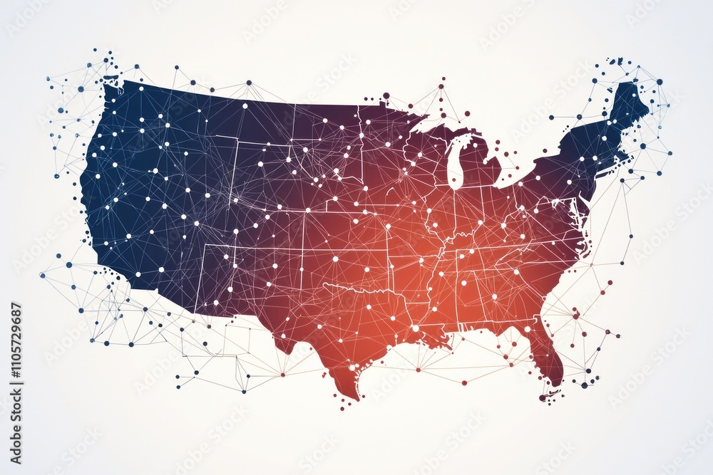 Poster innovative connectivity map visualizing tech networks across the usa in an aerial infographic