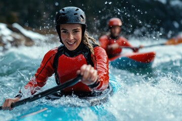 Exciting kayaking adventure on turbulent river waters with smiling participants
