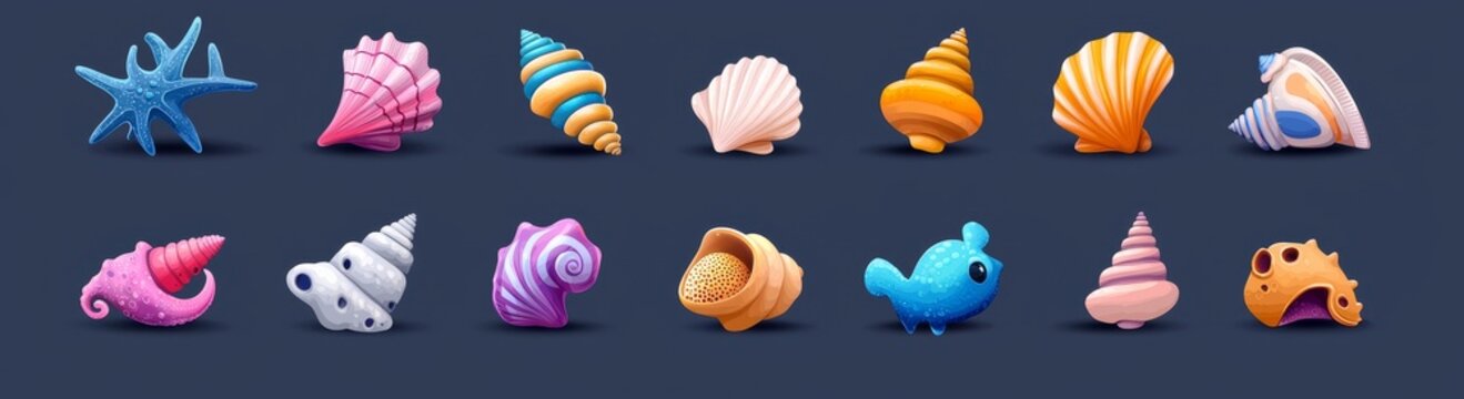 A set of colorful UI icons depicting a sea or ocean shell game. The collection showcases modern, cartoon illustrations of various marine underwater creatures, including conchs, aquarium snails,