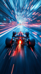 Acceleration defines this breathtaking moment as a Formula 1 car blurs through a neon lit circuit, leaving behind a trail of sparks and vivid light.