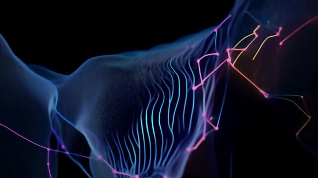 Animation of a flowing neural network, with glowing nodes connecting and disconnecting in a smooth and rhythmic pattern