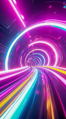 Fototapeta premium Journey through a mesmerizing tunnel of swirling neon hues, where vibrant beams create a futuristic atmosphere that captivates the senses.