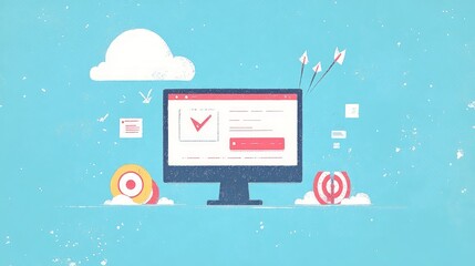 Digital task management platform with successful project completion, surrounded by goals, arrows and clouds.