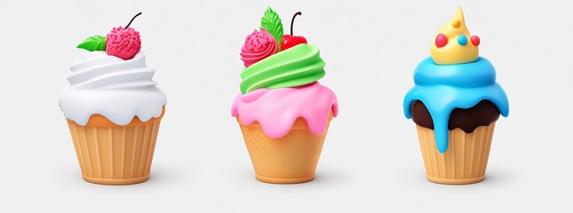 A modern cartoon scene of floating islands featuring a whimsical assortment of sweets, including ice cream, chocolate, macaroons with berries, and swirls of cream.