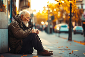 Sad hommeless man, vagrant beggar on city street