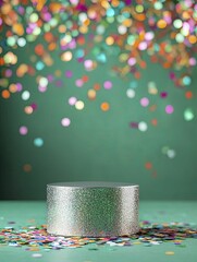 Mardi Gras whimsical charm setup in rich green and glittering silver podium, front view focus, with colorful confetti-filled backdrop celebrating masks beads history.