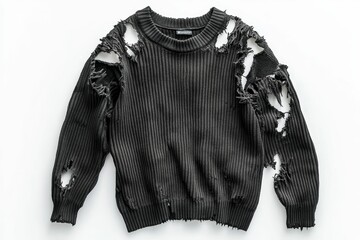 Black, ripped sweater; severely damaged fabric.